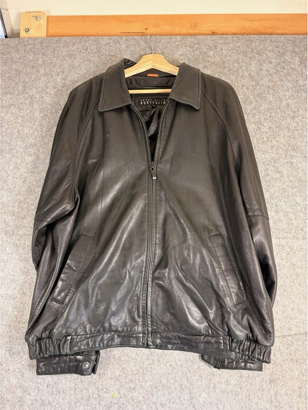 Vintage Perry Ellis Leather Jacket Mens XL Black Motorcycle Bomber
